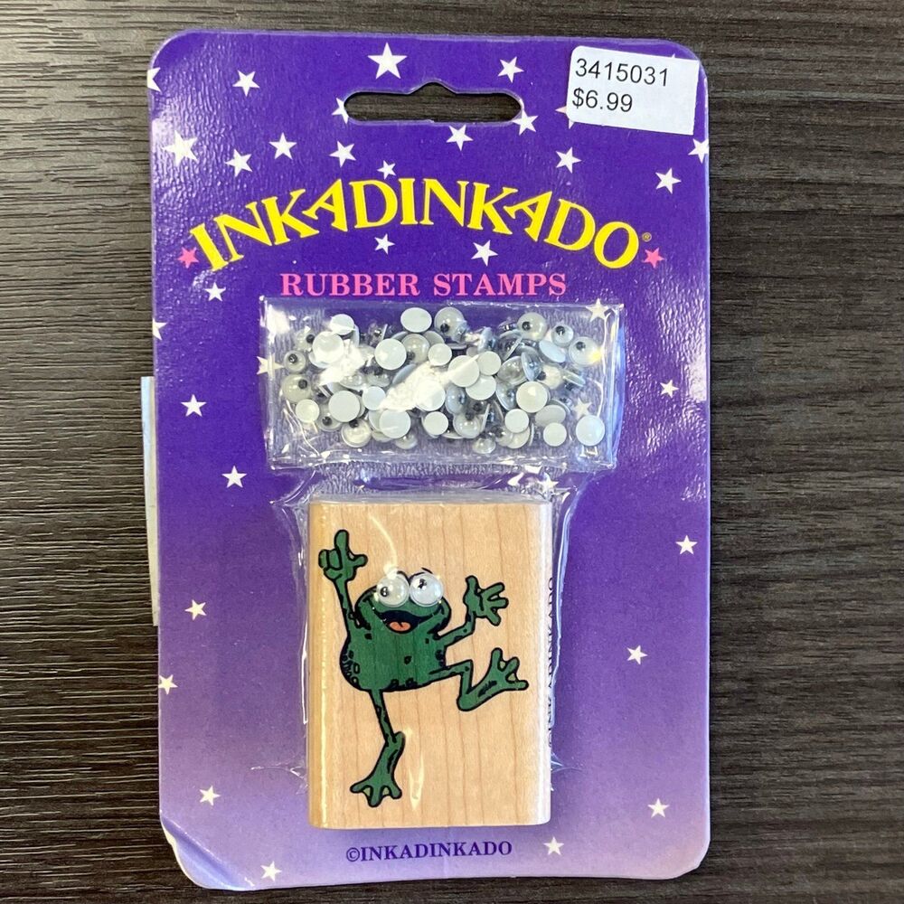 Inkadinkado Small Jumping Smiling Frog Googly Eyes Wood Mounted Rubber Stamp